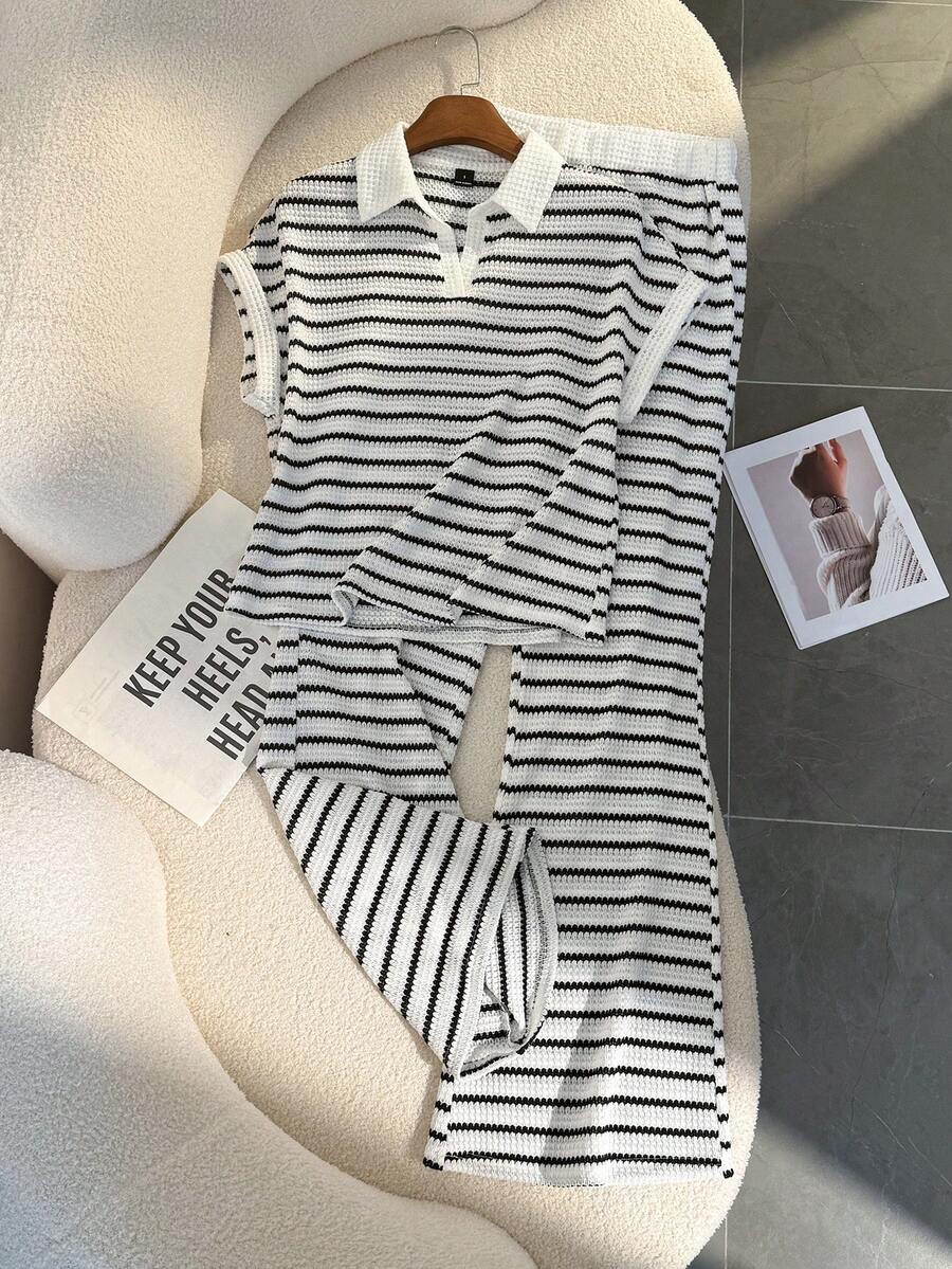 GlowEve 两件套女士菠萝提花 Polo 领套装，度假休闲女装 - 黑與白 - 查看 1