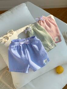 SHEIN 男女宝宝三件套可爱薄纱条纹泳裤泳衣套装，适合海滩、游泳和日常穿着 - 彩色 - 查看 5