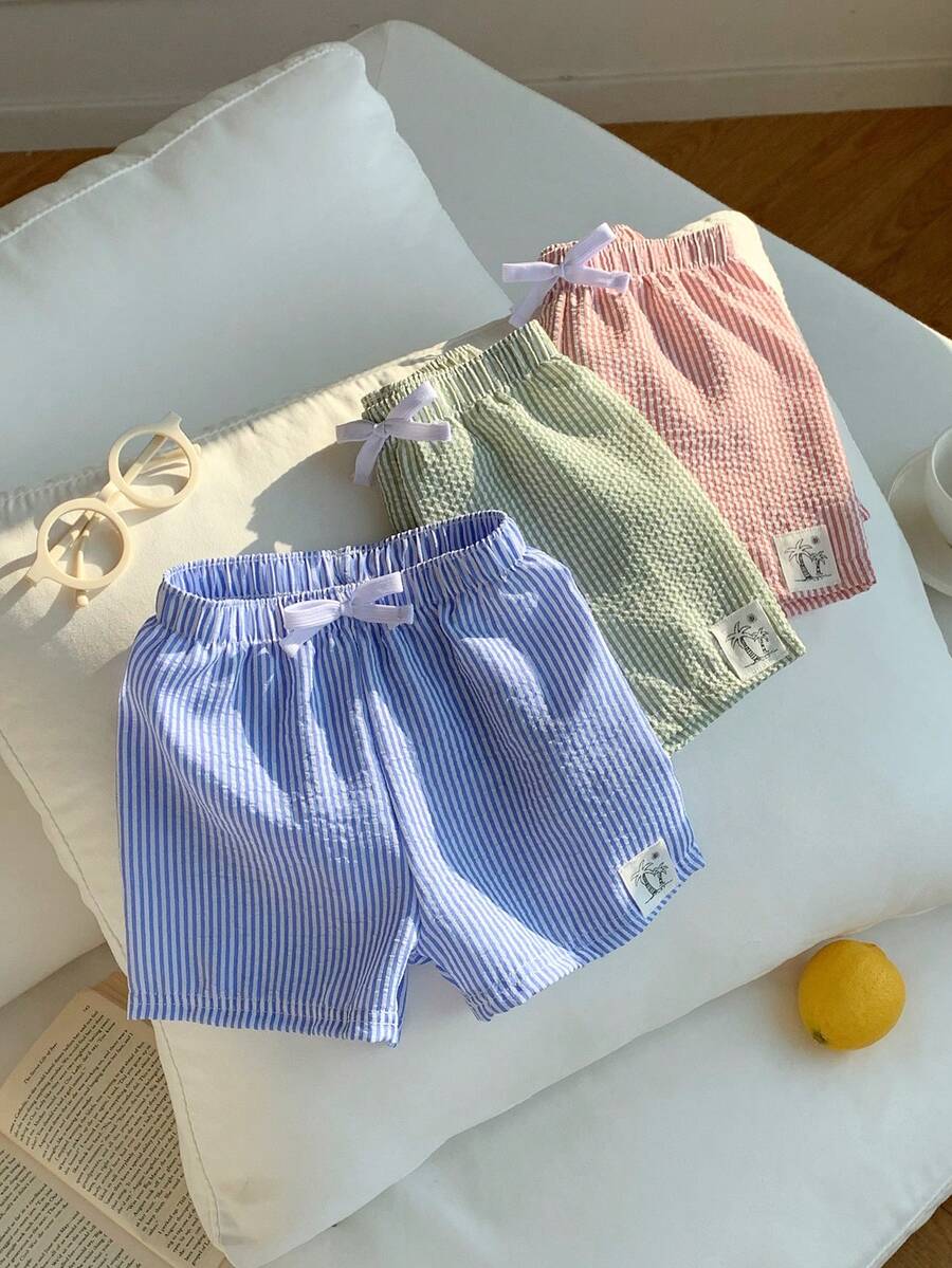 SHEIN 男女宝宝三件套可爱薄纱条纹泳裤泳衣套装,适合海滩、游泳和日常穿着 - 彩色 - 查看 1