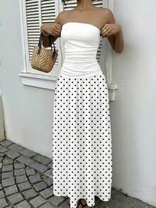 MainGRL Women's White Polka Dot Print Ruffle Hem Strapless Dress, Suitable For Vacation, Autumn Fashion, Wedding Guest Attire, Birthday Party, Outdoor Wear Strapless Maxi Dress Women White Polka Dot Dress Vacation Outfits Woman - Multicolor - View 3