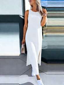 INAWLY Einfarbiges Rundhals-Ärmelloses Lässig Loose Fit Tanktop Kleid mit Schlitz-Saum - Weiss - Übersicht 2