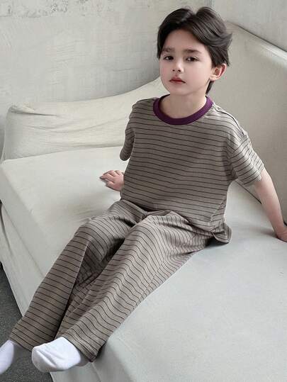 Dazy Kids Tween Boy Casual Randig Kortärmad Topp Och Byxor Pyjamas Set, Sommar