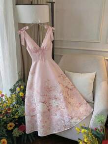 SHEIN MOD 女士优雅印花系带腰身度假派对约会连衣裙，粉色 - 粉色 - 查看 3