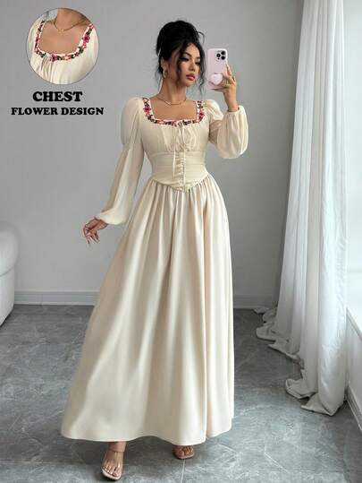 SHEIN Elenzya Robe de vacances décontractée en mousseline de soie avec col carré en dentelle abricot, design de protection solaire à manches longues, taille évasée. Convient pour les vacances, les sorties quotidiennes, les rendez-vous, les rassemblements et les fêtes