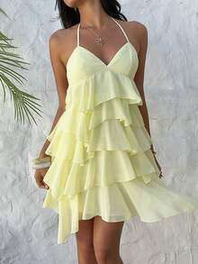 Aloruh Women's Elegant Sexy Fashionable Romantic Date/Graduation/Party Layered Ruffle Halter Backless Tie Strap Mini Dress, Light Yellow, Spring/Summer - Light Yellow - View 5