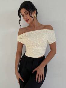 Firerie Top elegante de manga corta con cuello asimétrico y fruncido de unicolor para mujer - Albaricoque - Ver 5