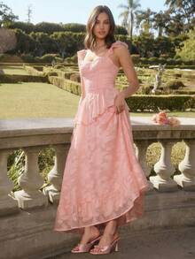 Enchnt 女士优雅荷叶边袖口褶裥腰部提花花朵贴花连衣裙，夏季 - 藕粉色 - 查看 10