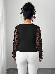 Elenzga Women's Plus Size Elegant Commuter 3D Floral Decor Mesh Splice T-Shirt, Autumn - Black - View 2