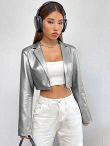 SHEIN Unity Women's Silver Lapel NeckLong Sleeve Cropped Jacket - Silver - View 6