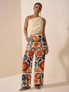 Zivah Casual Vacation Style Geometric Print Placement Pattern One Shoulder Twist Cutout Cropped Women's Top And Straight Loose Pants With Ruffle Hem Pockets, Women's 2 Pieces Set Suitable For Spring/Summer Vacation - Multicolor - View 6