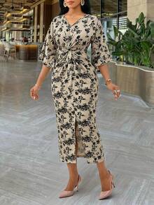 SHEIN Lady Women's Elegant Party Floral Print Twist Dress - Multicolor - View 3