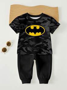 BATMAN X SHEIN 两件套男童休闲宽松舒适运动风经典酷炫logo印花圆领短袖T恤和抽绳裤，适合粉丝，春夏秋季穿着。 - 彩色 - 查看 3