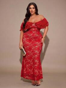 SHEIN BAE Đầm trễ vai màu đỏ xếp nếp thanh lịch gợi cảm dành cho nữ cỡ lớn, đầm đi biển nghỉ mát. - Đỏ - Xem 7
