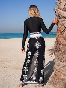 Swim Mulvari Women's Spring/Summer Fashionable Round Neck Long Sleeve Zipper One-Piece Suit And Women's Long Swim Trunks Extra Long Tie-Waist Mesh Skirt One-Piece Set - Black and White - View 2