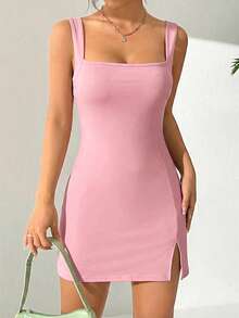 SHEIN EZwear 粉色高开衩无袖连衣裙，女士夏季连衣裙 - 粉色 - 查看 5