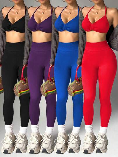 Dewbera Women's Solid Color Backless Halter Top And Leggings Sports Suit