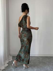 Rafferiza Elegant Off-The-Shoulder Sleeveless Dress  Slim-Fitting Dress With Ruched Hips And Overlapping Split Hem   Knitted Burnout Fabric Spring Dress   Green Base With Brown Floral Pattern Elegant Dress For Women   Women's Elegant Party Dress  Women's Elegant Long Dress   Women's Holiday Dress   Party Dress   Women's Spring Dress - Multicolor - View 2