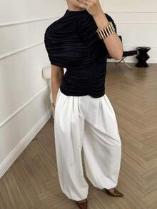 Siren Gaze Spring & Summer Valentine's Day Women's Solid Color Pleated Shoulder Turtleneck Elastic Fitted Waist Stylish T-Shirt - Black - View 1