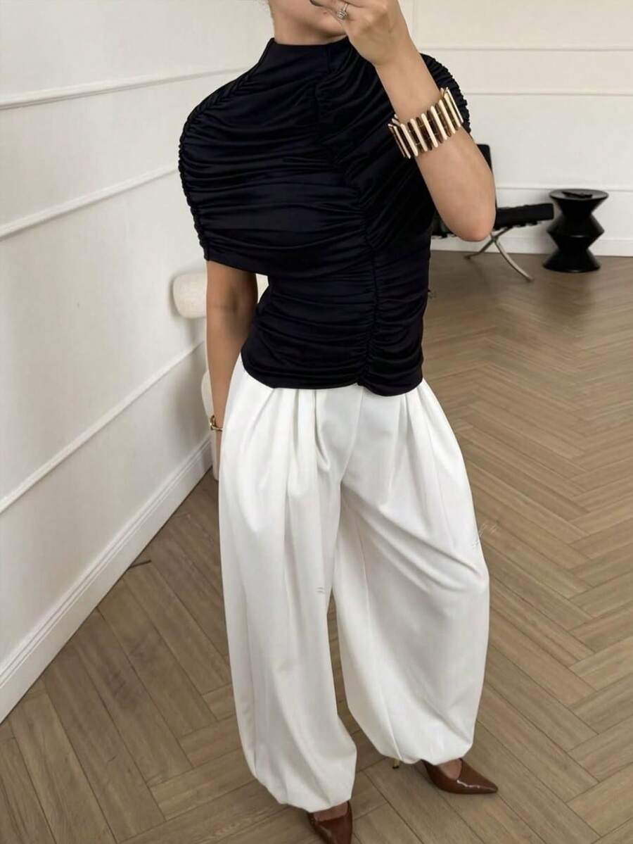 Siren Gaze Spring & Summer Valentine's Day Women's Solid Color Pleated Shoulder Turtleneck Elastic Fitted Waist Stylish T-Shirt - Black - View 1