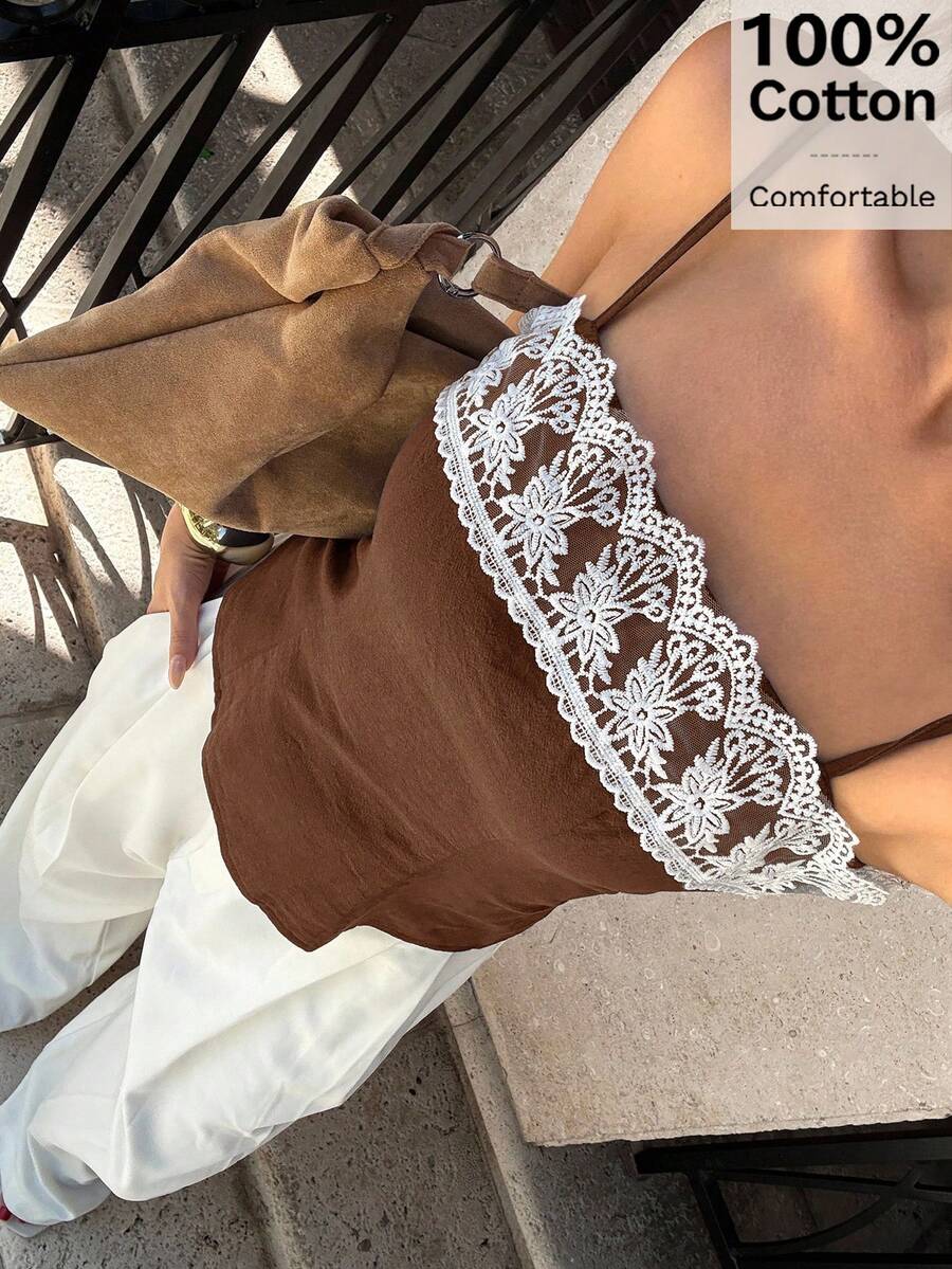Siren Gaze 2025 Women's Spring/Summer New Design Lace Trim Camisole Top, Unique Minimalist Short Cropped Camisole Milkmaid Top Brown Top Lace Top Brown Lace Top Lace Cami Lace Trim Top Milkmaid Style Top Lace Cami Top Brown Camisole - Coffee Brown - View 1