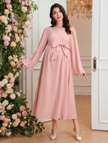 SHEIN 纯色长款休闲宽松串珠孕妇连衣裙 - 粉色 - 查看 7