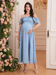 SHEIN Maternity Ditsy Floral Frill Off-Shoulder Bodycon Dress - Dusty Pink - View 7