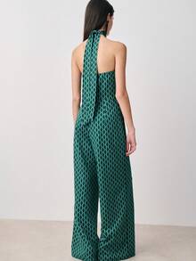 Nöista Off Shoulder Jumpsuit With A Geometric Jacquard Fabric, Fitted Bodice, Wide-Leg Pants And Matching Choker On Neck. Spring, Summer, Wedding Occasion, Formal Event, Easter. - Green - View 2