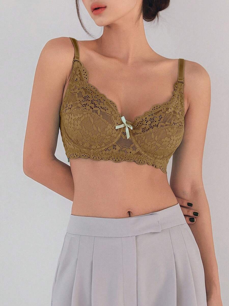 DAZY 纯色蕾丝可调节肩带轻薄衬垫文胸，女士内衣 - 棕色 - 查看 1