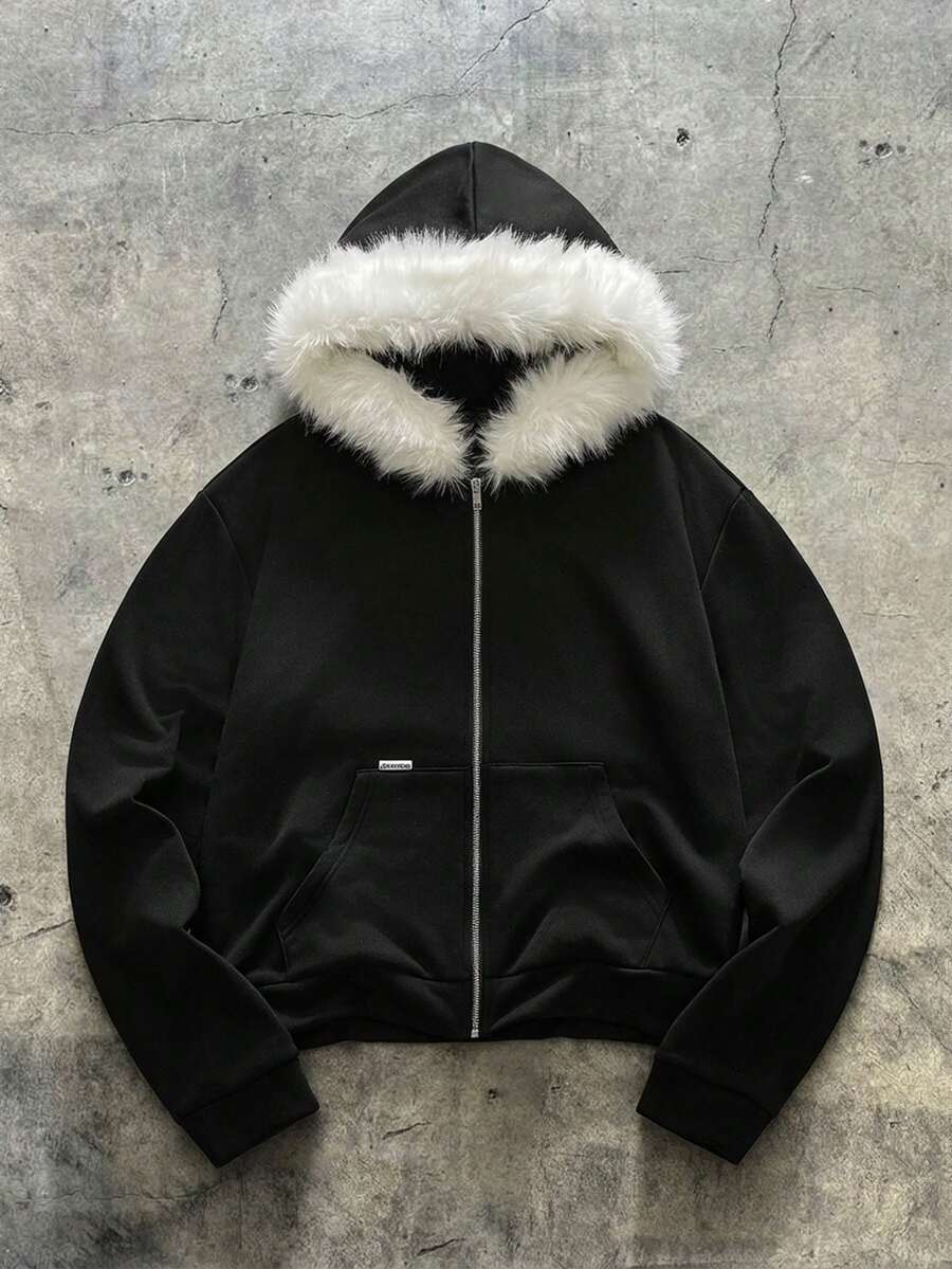 AXEPEAK 美式黑色毛领连帽衫,小众设计修身短款男士卫衣外套 - 黑色 - 查看 1