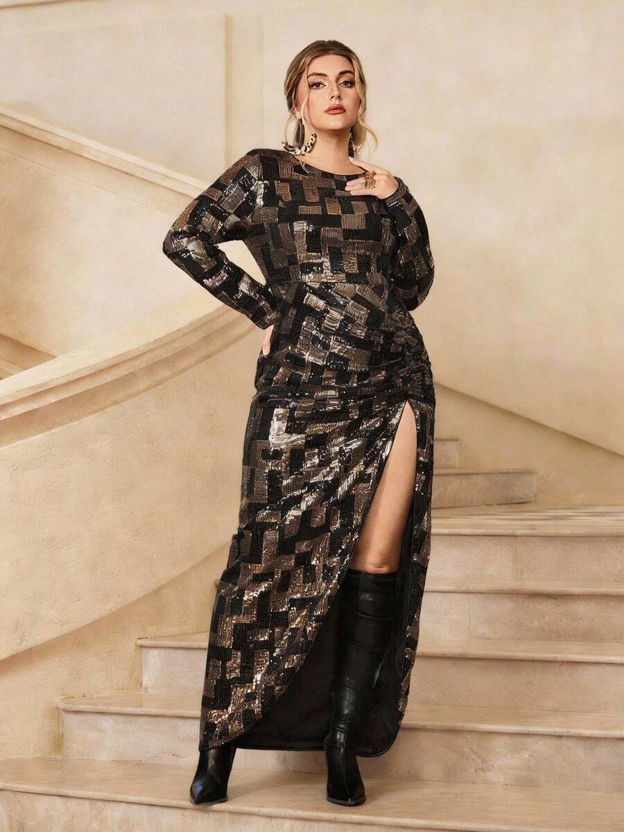 VOLUPTÉ CURVE Elegant Plus Size Spring New Arrival Dress, Sparkly Geometric Embroidery Decor, Round Neck Long Sleeve, Fitted Waist, High Slit, Maxi Length, Suitable For Party, Birthday, Anniversary, Holiday Occasions - Black - View 1