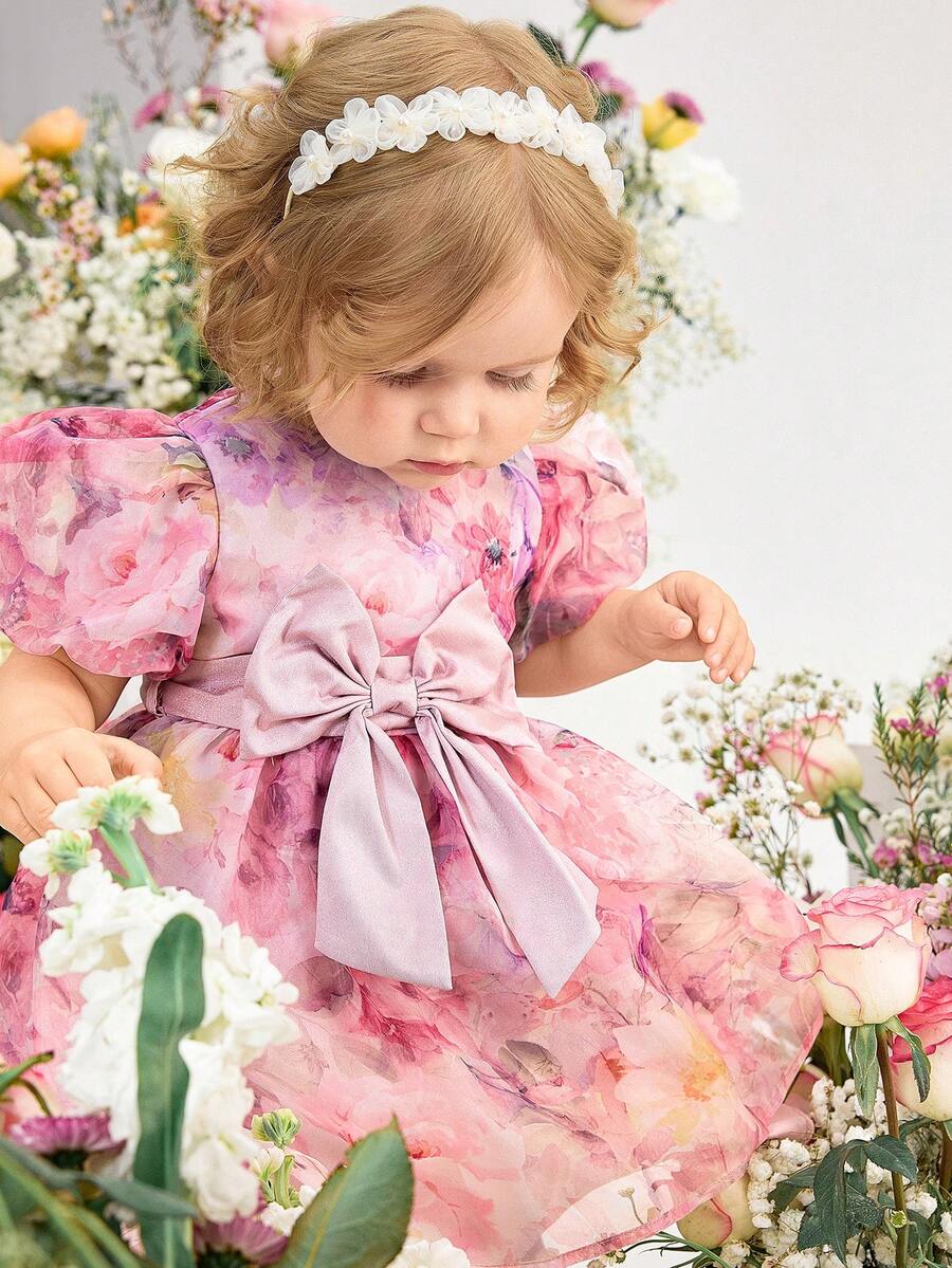 SHEIN 一件女婴优雅可爱粉色碎花图案欧根纱连衣裙，公主裙，适合生日派对、返校季、晚宴、演出、婚礼等场合。 - 粉色 - 查看 1