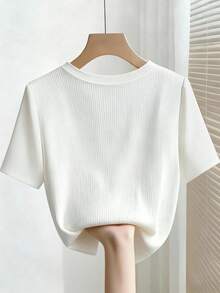 Airaco Elegant Fitted Round Neck Beaded Ribbed Short Sleeve Women T-Shirt - White - View 2