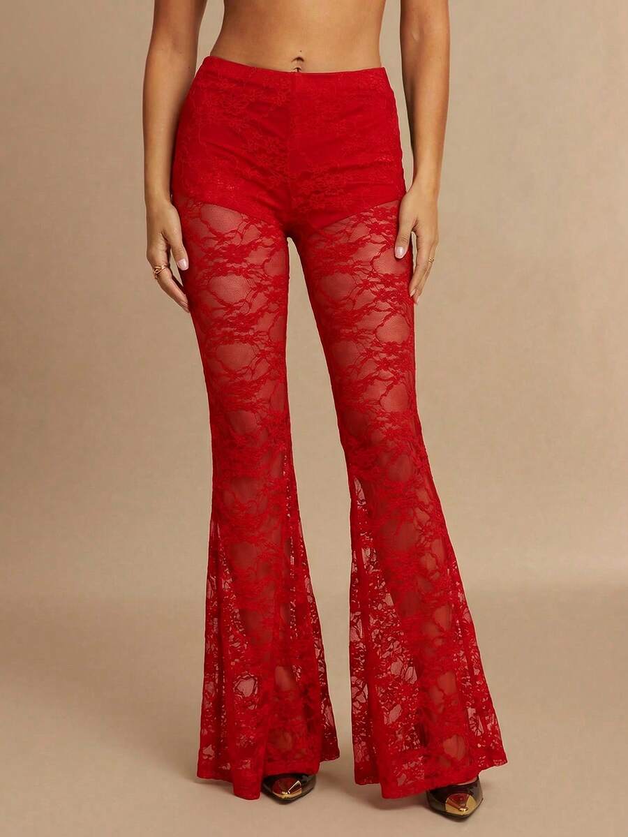 Silquee Pantalones acampanados de encaje transparente y sexy para mujer, adecuados para festivales de música, fiestas en la playa, carnavales y vacaciones, San Valentín, Navidad, citas, salidas, fiestas en discotecas y reuniones - Rojo - Ver 1