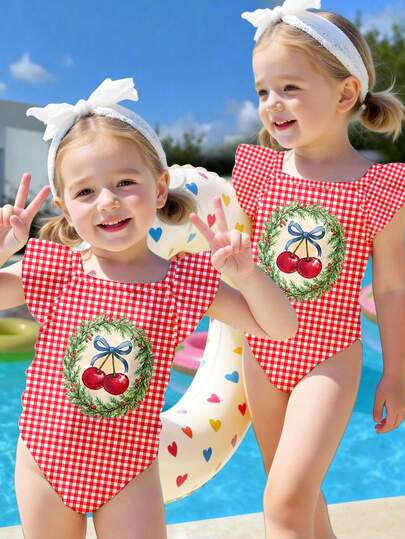 SHEIN French Retro Sweet Cute Bow Tie Cherry, French Retro Red Plaid Pattern, Red Series, Pool Photo Shoot, Baby Girls Casual Minimalist Fitted Strap Swimsuit Suitable For Summer, Tropical Print, Beach Vacation Photo Shoot Matching, Mommy And Me, First Beach Trip, Summer Vacation, Aesthetic Swimsuit, Instagrammable
