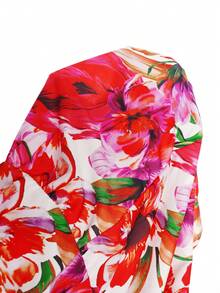 Elenzga 大码女士优雅褶皱短袖收腰长款飘逸印花连衣裙，适合海滩度假 - 彩色 - 查看 3