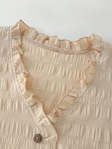 EMERY ROSE Plus Size Summer Casual Solid Color Textured Front Button Frill Trim Shirt - Apricot - View 4