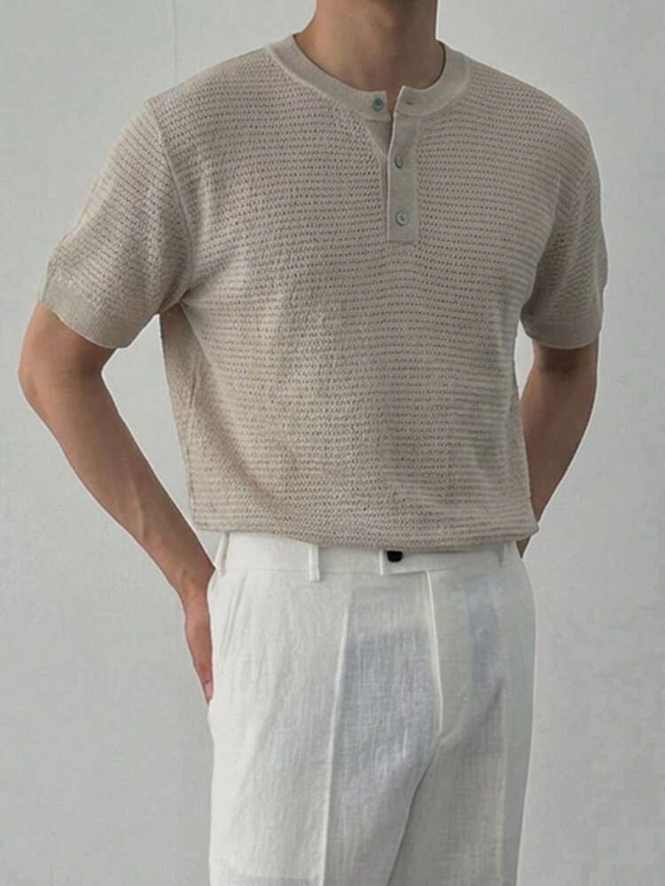 Men's Solid Color Khaki 3/4 Sleeve Crew Neck Knit Top, Summer