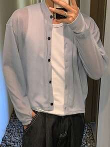 DAZY Áo khoác cardigan dệt kim dáng rộng, màu trơn, dành cho nam, thích hợp cho mùa xuân/hè. - Xám - Xem 7