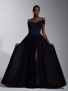 Elitara Elegant Luxury Textured Off-Shoulder Lash Lace Trim Ruched Maxi A-Line Dress, Evening Gown, Lightweight Mesh Dress, Valentine's Day - Navy Blue - View 4