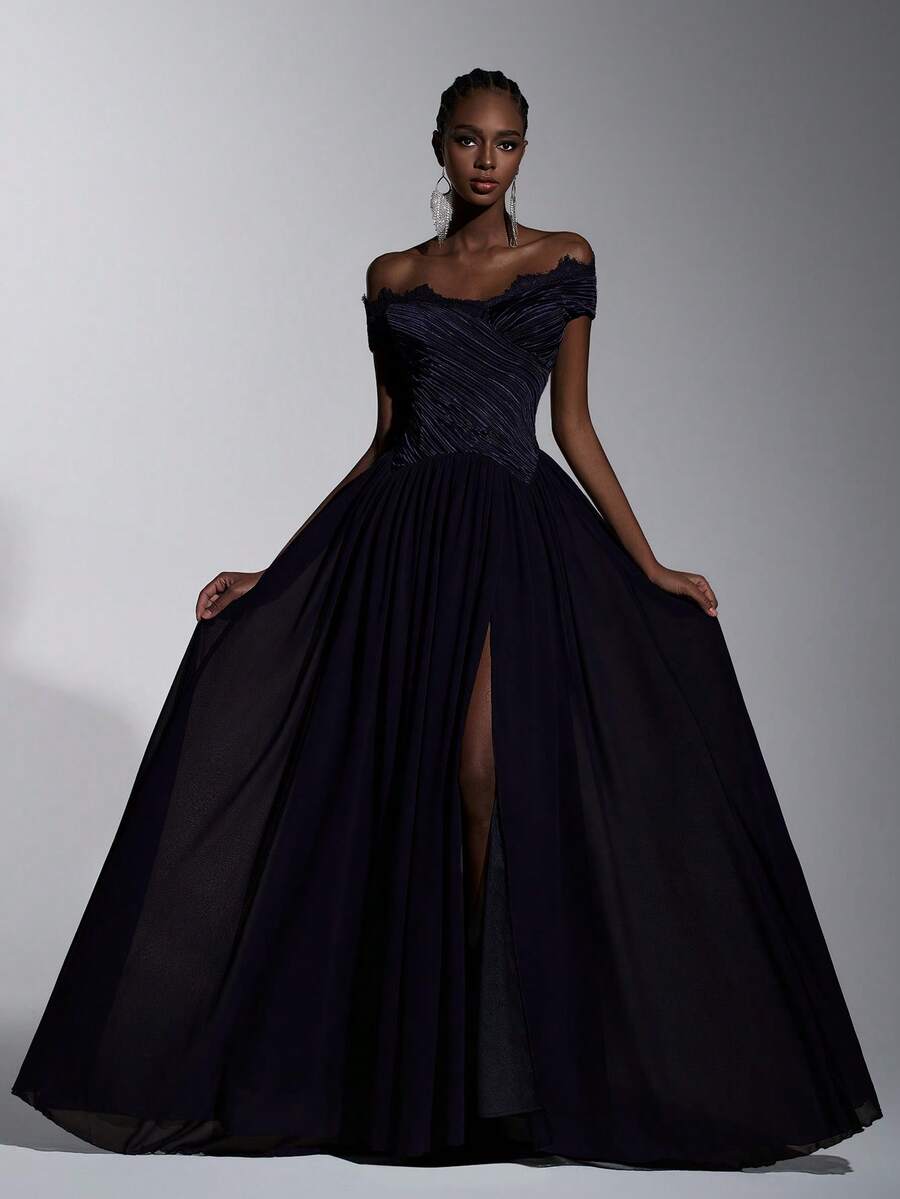 Elitara 优雅奢华纹理露肩睫毛蕾丝饰边褶皱A字长款连衣裙，晚礼服，轻盈网纱连衣裙，情人节 - 藏蓝色 - 查看 1