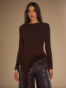 SHEIN BAE Women's Autumn Fashionable Solid Color Versatile Asymmetric Ruffle Hem Top - Coffee Brown - View 7