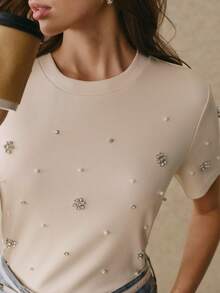 Anewsta Women's Apricot Elegant Loose Beaded Round Neck Short Sleeve T-Shirt, Spring/Summer Rhinestone Tops Embellished Top - Apricot - View 5