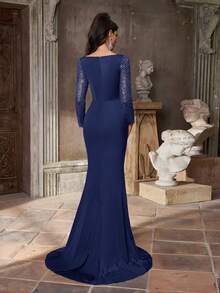 Aureia Elegante y lujoso traje de baño decorativo con parches de botones, perlas y lentejuelas, manga transparente de punto, falda de sirena fruncida, adecuado para boda, fiesta, vacaciones, vestido de gala (con mucho bordado) - Azul Marino - Ver 3