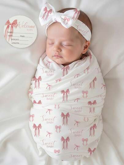 3件套蝴蝶结印花新生儿襁褓包巾头带套装，含“你好，世界”宝宝出生公告卡片，婴儿摄影道具