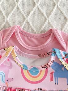 4件套新生女宝宝套装，可爱卡通彩虹老虎和花卉印花露肩T恤和裤子，粉色纯色长袖睡衣套装 - 粉色 - 查看 5