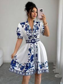 Rafferiza Bộ trang phục nghỉ mát lãng mạn, thanh lịch dành cho nữ, váy ngắn tay ngắn in hoa màu xanh trắng, eo thon, thích hợp cho mùa xuân/hè. - Nhiều màu - Xem 5