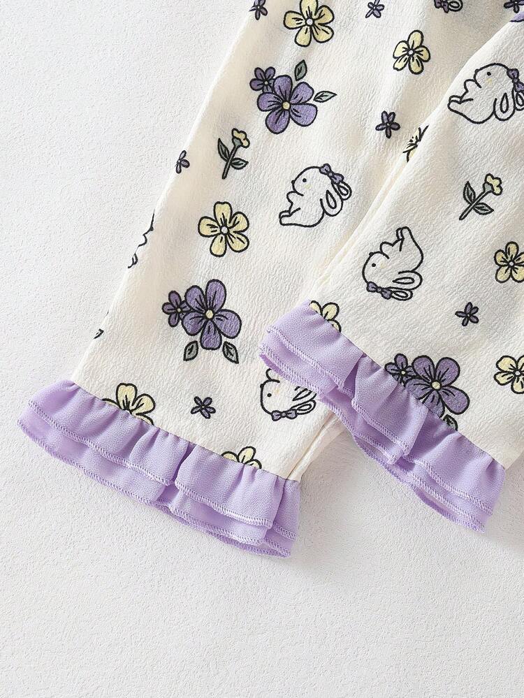 2pcs/Set Baby Girls' Long Sleeve Top And Pants, Purple Ruffle Hem Rabbit & Flower Pattern, Soft Woven Fabric Loungewear, Best Gift For Baby Girls - Multicolor - View 7