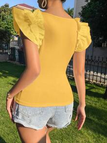 Firerie 女士度假纯色荷叶袖修身时尚T恤 - 黃色 - 查看 2