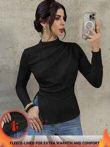 Firerie Women's New Design Sense Mock Neck Long Sleeve T-Shirt, Fashionable And Elegant Fitted Undershirt For Autumn/Winter, Side Slit Casual Top, Coffee Color Long Sleeve T-Shirt, Knitted Stretchy Fabric Top, Suitable For Spring, Autumn And Winter, Elegant, Commute, Casual, Daily, Minimalist, Work Wear - Black - View 2