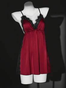 SHEIN 1 pieza Camisón de satén charmeuse suave con ribete de encaje negro, escote en V profundo, cintura fruncida, tirantes cruzados y diseño de espalda abierta y sexy - Multicolor - Ver 3